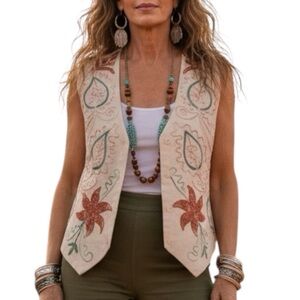 Vintage H.E.R Cream Embroidered Floral Boho Retro Style Cotton Vest Large